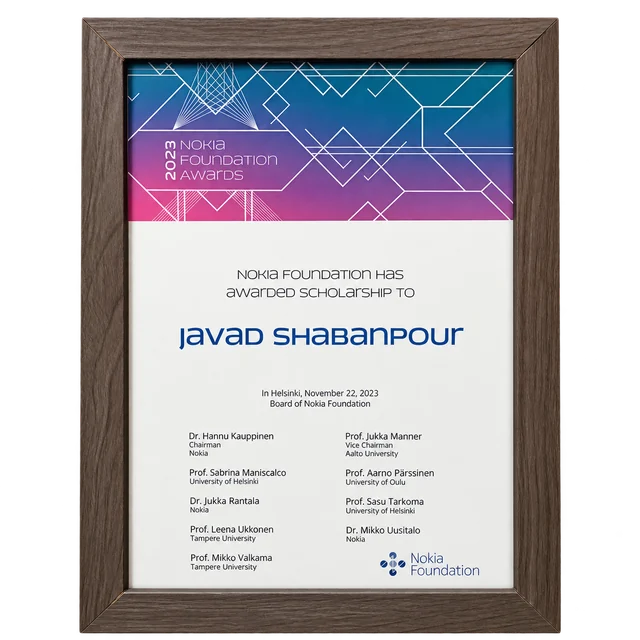 Framed Nokia Foundation 2023 scholarship certificate