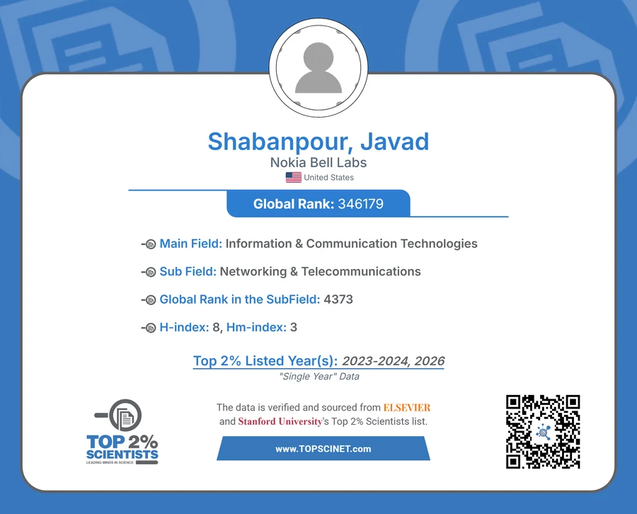 Top 2% Scientists certificate for Javad Shabanpour, Nokia Bell Labs