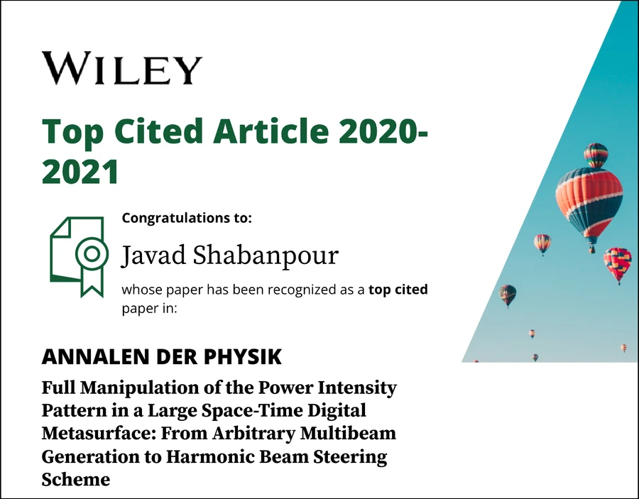 Wiley Top Cited Article 2020&ndash;2021 certificate for Javad Shabanpour, Annalen der Physik