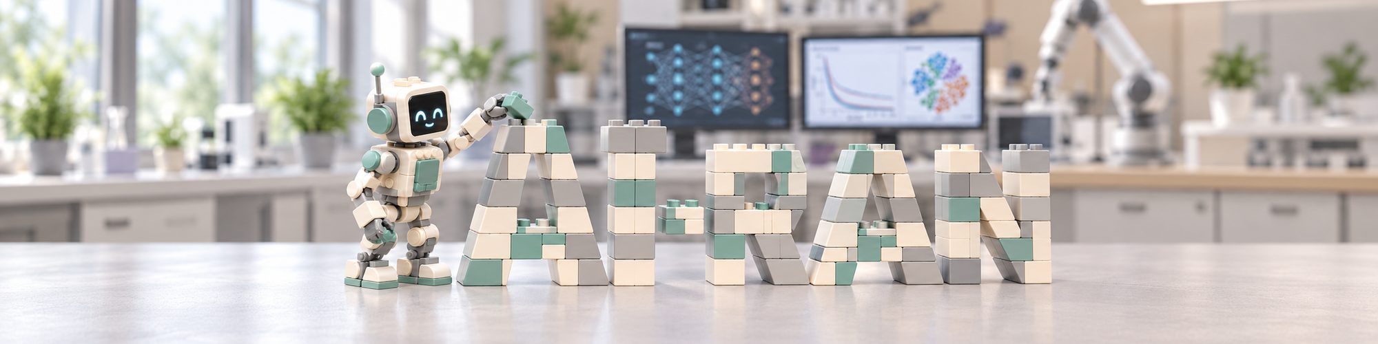 A brick-built robot assembling the letters AI RAN in a laboratory